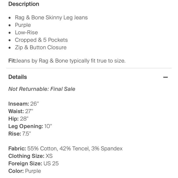 Rag and Bone Skinny Jeans size 25 maroon/purple color GUC - Picture 10 of 10